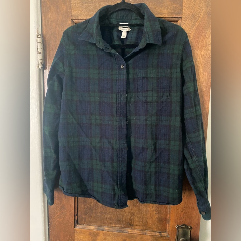 Size large relaxed fit LL Bean Flannel - blue & green checkered - 100% cotton